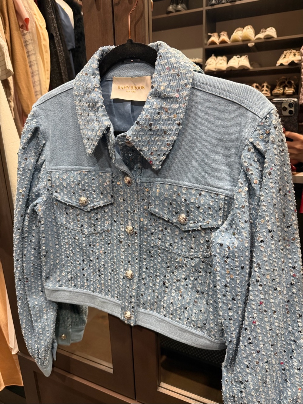 Ramy Brook Light Blue Embellished Cropped Denim Jacket Size S